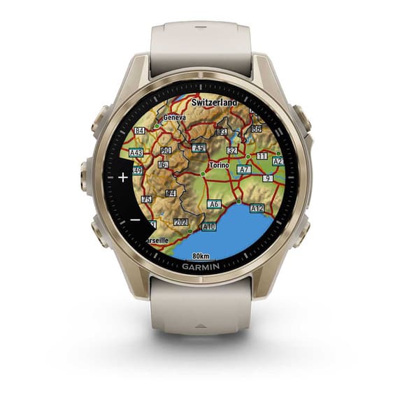 Garmin fēnix 8 AMOLED Zafiro 43 mm dorado correa beige